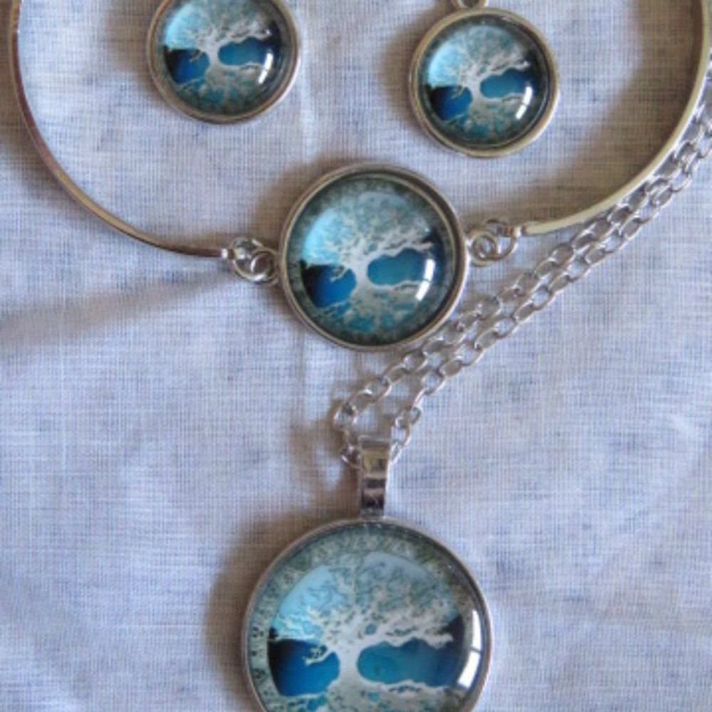 SET Pendant Bracelet & Earrings Tree of Life Blue White Alloy (K273)